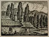 Houses by the Canal by Birger Sandzén, 1929, Linocut on paper, offered Nov 2019