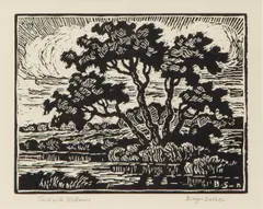 Pond with Willows by Birger Sandzén, 1937, Linocut on paper, offered Nov 2019