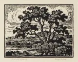 Pond with Willows by Birger Sandzén, 1937, Linocut on paper, offered Nov 2019
