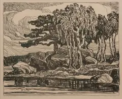 Birch and Pine by Birger Sandzén, 1924, Lithograph on paper, offered Nov 2019