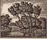 Birger Sandzén, Brook with Cottonwoods, 1934, Linocut