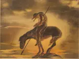 A James Earle Fraser, chromolithograph of a mourning Native American on horseback at sunset, produced by Reinthal?& Newman NY (1906-1928)., Pencil