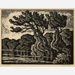 Birger Sandzén, River Sunset, 1936, Linocut on paper