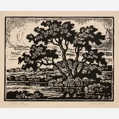 Prairie Stream by Birger Sandzén, 1937, Linocut on paper, sold Dec 2025