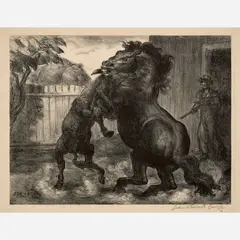 John Steuart Curry, Stallion and Jack Fighting, 1943, Lithograph on paper