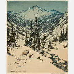 Hans Kleiber, Winter in the Bighorns, 1933, Hand-colored etching on paper