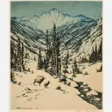 Hans Kleiber, Winter in the Bighorns, 1933, Hand-colored etching on paper