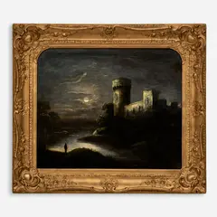Sebastian Pether, Moonlit River Landscape with Castle Ruins, Oil on canvas