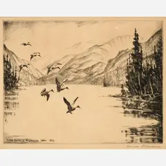 Hans Kleiber, Lake Geneva, Bighorns Wyo., 1932, Hand-colored etching on paper