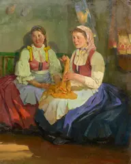 Lajos Markos, The Sewing Room, oil on canvas