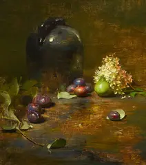 David A. Leffel, Hydrangea & Plums, oil on canvas