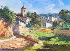 José Vives-Atsara, Village & Church -- Spain, oil on canvas