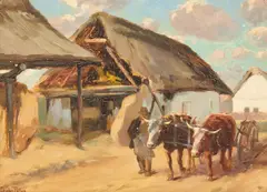 Carolus Pallya, Oxcart Scene, oil on wood