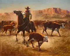 Jay Hester, Cowboy Roping Calves, oil on canvas