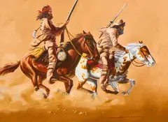 John Cox, Mountain Men on Horseback, oil on panel