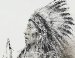 Raul Gutierrez, Native Figure with Headdress, mixed media on canvas