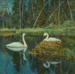 Lee Stroncek, Nesting Swans in Moonlight, oil on canvas board