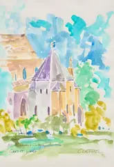Brother Cletus Behlmann, Llandaff Cathedral near St. Michael's College, Cardiff, Wales, watercolor on paper