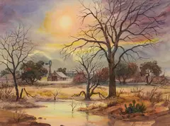 Warren Hunter, Texas Homestead with Pond, watercolor