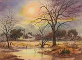 Warren Hunter, Texas Homestead with Pond, watercolor