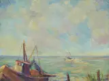 Ruth Duncan, Shrimp Boats - Rockport Basin, oil on masonite
