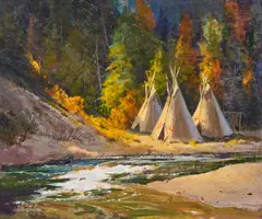 Walter Graham, Indian Camp on Creek, oil on masonite