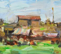 Farmyard in Taos by Laura Robb, oil on panel, sold Jan 2026
