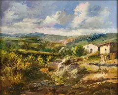 José Vives-Atsara, Catalonian Village Scene, oil on wood