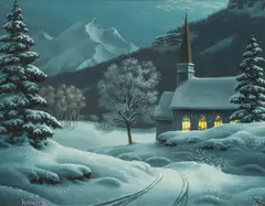 Mark Keathley, Winter Landscape with Church, oil on panel
