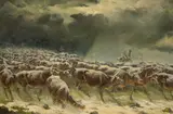 Walter Graham, Stormy Cattle Drive, oil on canvas