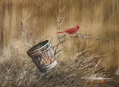 Armando Hinojosa, Cardinal and Bucket, watercolor and gouache on paper