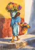 John Maskey, Dama con Flores, watercolor