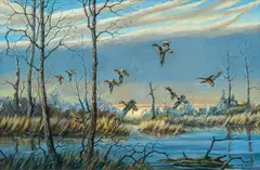 Lowell Davis, Ducks Wheeling In, oil on masonite