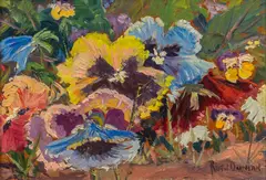 Ruth Duncan, In A Garden of Pansies, oil on masonite