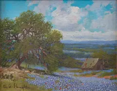 William A. Slaughter, Bluebonnets and Oak, oil on canvas