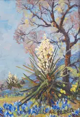 Ruth Duncan, Bluebonnets and Yucca, oil on masonite