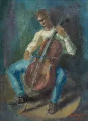Leslie Larsson, Seated Cellist, 1962, oil on masonite