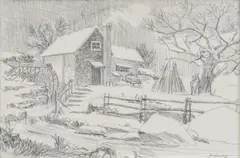 Wintry Mill Scene by Frank Magsino, 1989, pencil on paper, sold Jan 2025