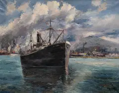 Sac Coruna, Puerto de Barcelona by José Vives-Atsara, 1959, oil on canvas, sold May 2024