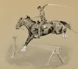 Frederic Remington, Jump and Cut, ink wash and gouache en grisaille on board
