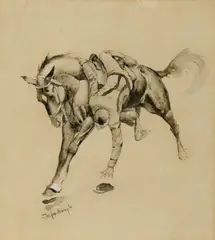 Picking Up the Cap by Frederic Remington, ink wash and gouache en grisaille on board, sold Jul 2025