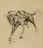 Frederic Remington, Picking Up the Cap, ink wash and gouache en grisaille on board
