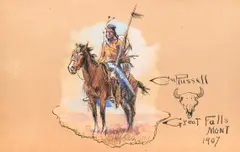 Brave on Horseback by Charles Marion Russell, 1907, watercolor, gouache, and ink on paper, sold Jul 2025