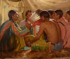 Joseph Henry Sharp, Tales of the Warbonnet, oil on canvas
