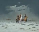 Melvin Warren, Riders Leaving Pitchfork, oil on canvas
