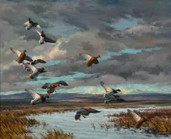 Mallards Dropping In by Harry Adamson, oil on canvas, sold Jul 2024