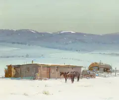 Oscar E. Berninghaus, Winter Day – Taos, oil on canvas laid on board