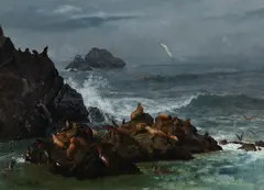 Seal Rock, Pacific Ocean, California by Albert Bierstadt, oil on paper mounted on canvas, sold Jul 2024