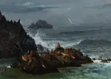 Albert Bierstadt, Seal Rock, Pacific Ocean, California, oil on paper mounted on canvas