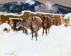 Laverne Nelson Black, Burros in Winter, Taos, oil on board